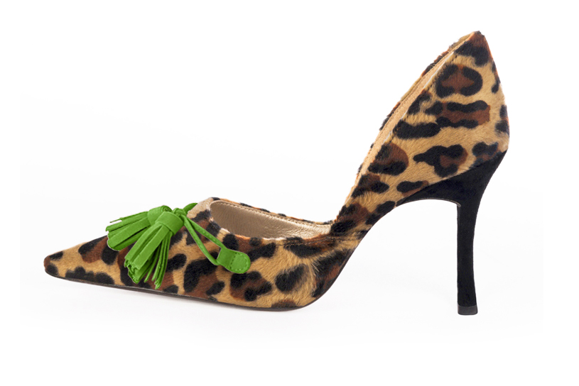 Safari black and grass green women's open arch dress pumps. Pointed toe. Very high slim heel. Profile view - Florence KOOIJMAN